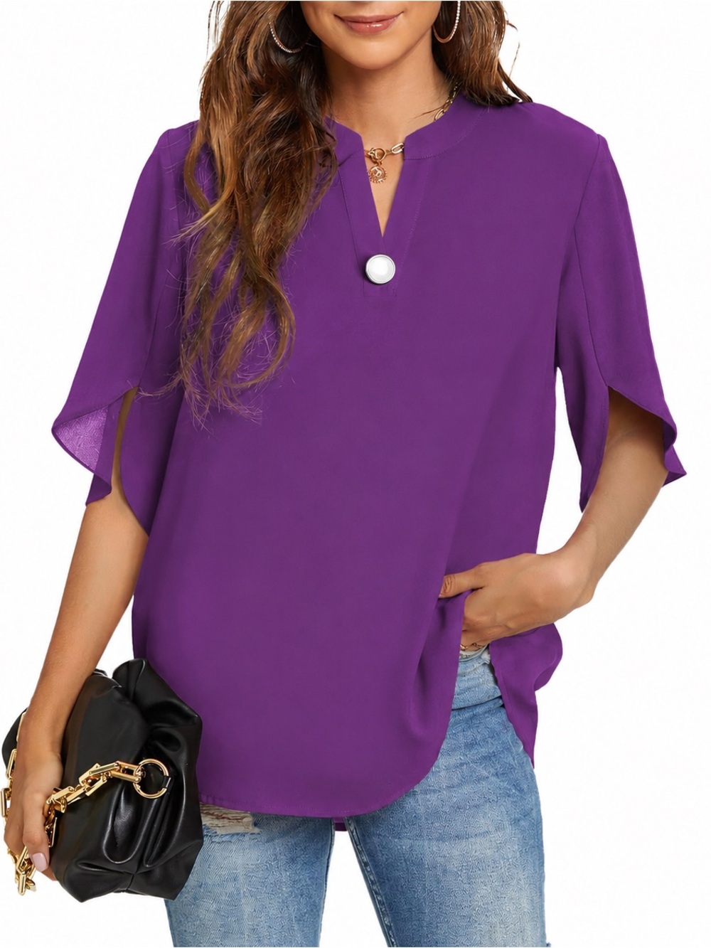 Funlingo purple blouse v-neck single button split flutter sleeves size 2XL